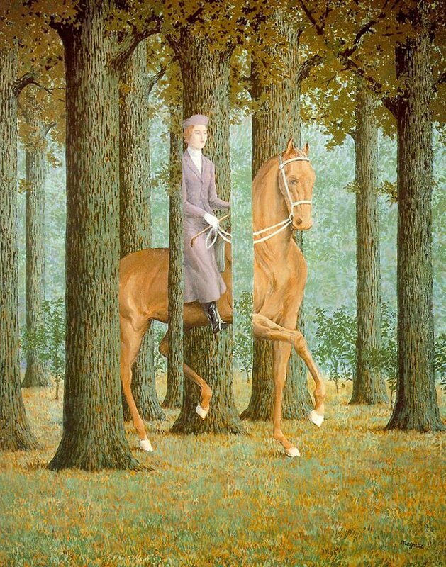 Woman riding horse in forest