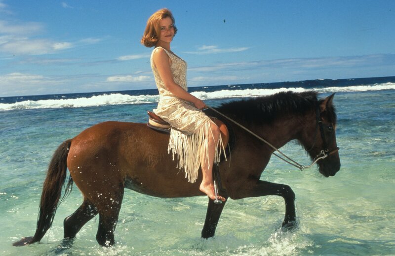 Woman riding horse in ocean