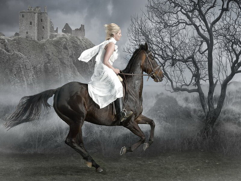 Woman Riding Horse — White, Dramatic, Digital Art