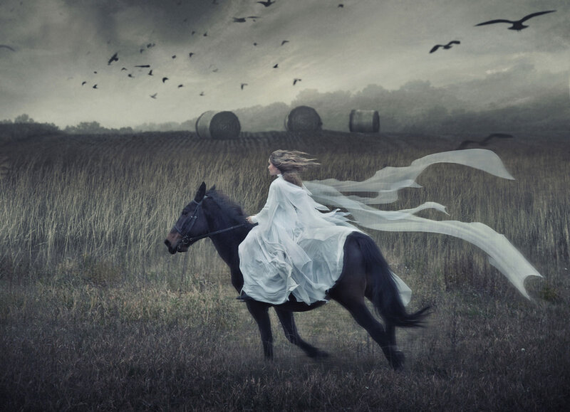 Woman Riding Horse — White, Dramatic