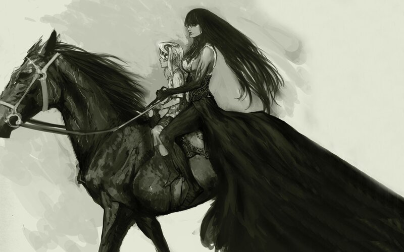 woman riding horse with child