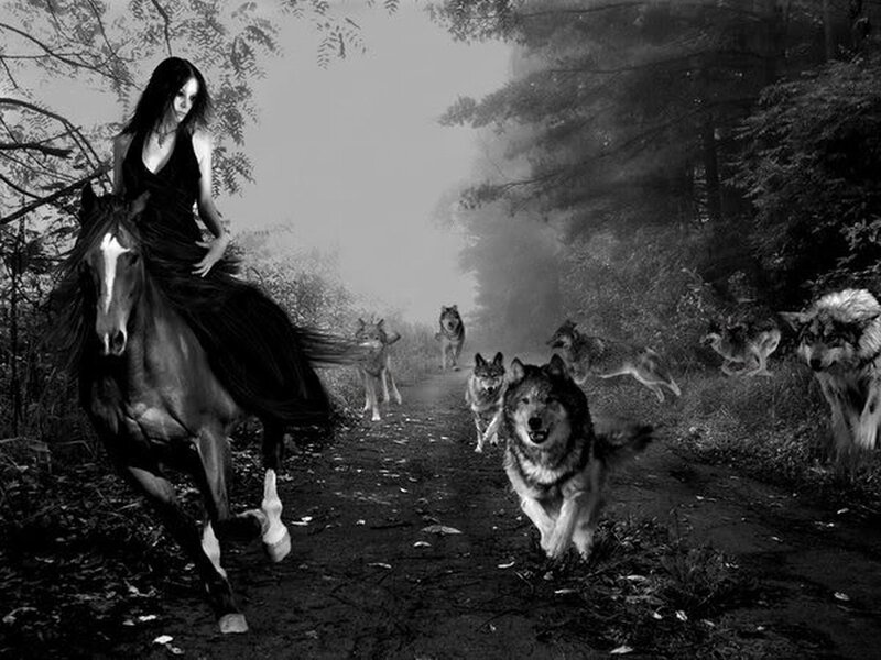 Woman Riding Horse with Wolves