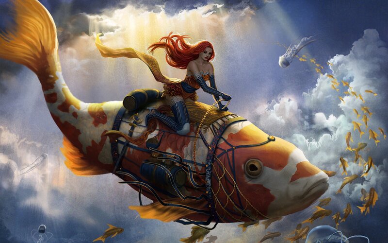 Woman Riding Koi Fish — Blue