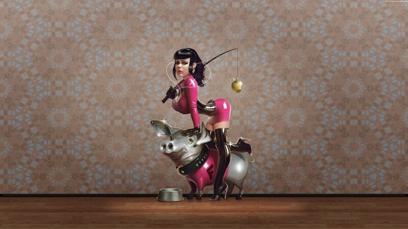 woman riding pig with apple