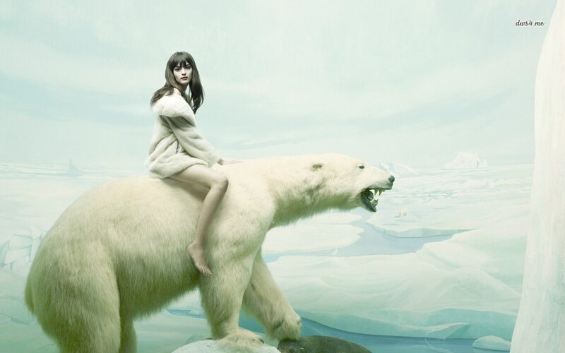 Woman Riding Polar Bear — White, Dramatic
