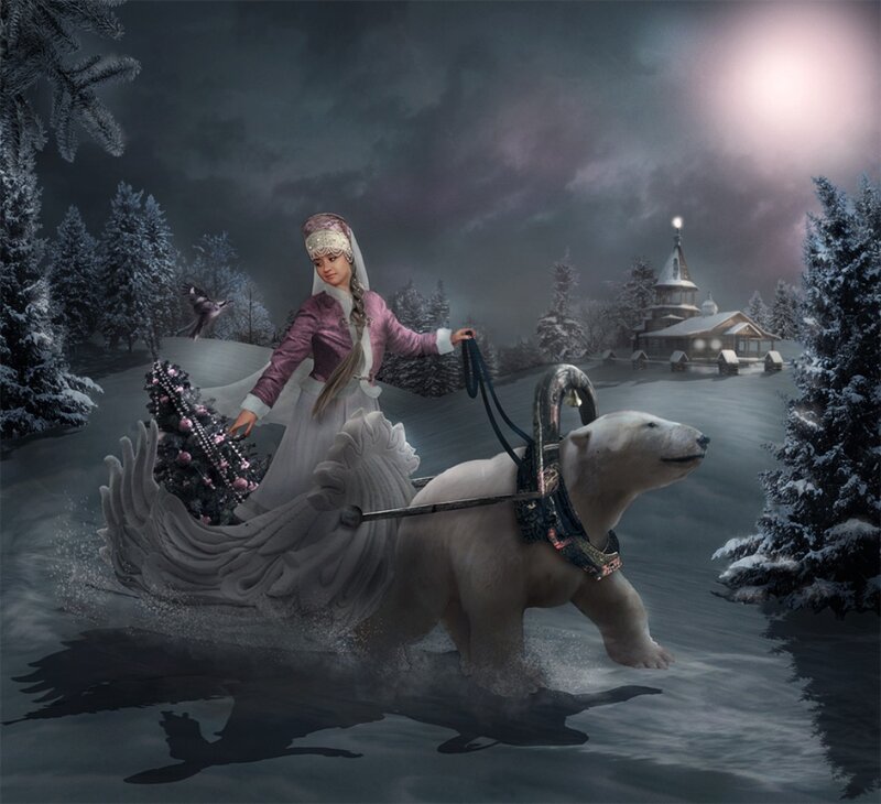 Woman Riding Polar Bear — White