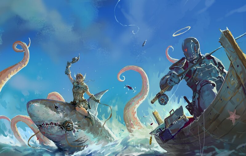 Woman Riding Shark — Blue, Dramatic