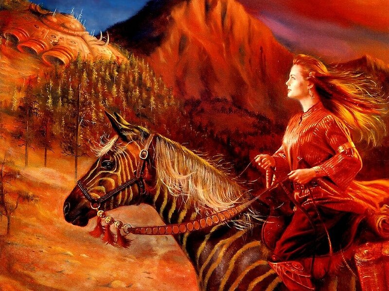 Woman Riding Striped Horse — Red, Dramatic
