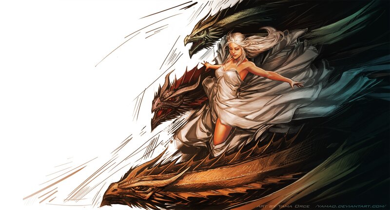 woman riding three-headed dragon