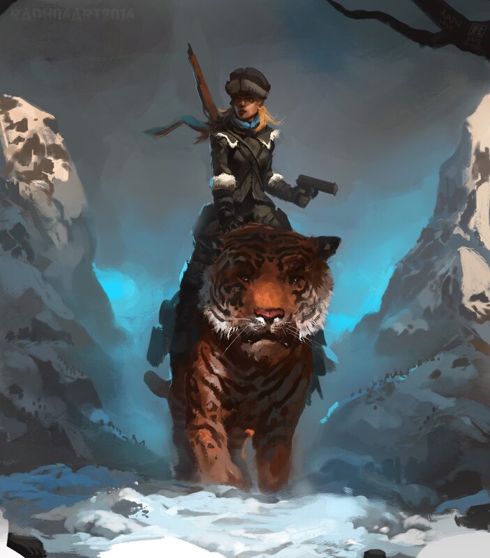 Woman Riding Tiger — Blue, Dramatic