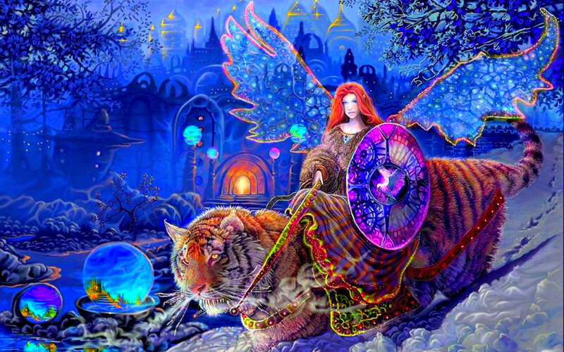 Woman Riding Tiger — Blue, Fantasy