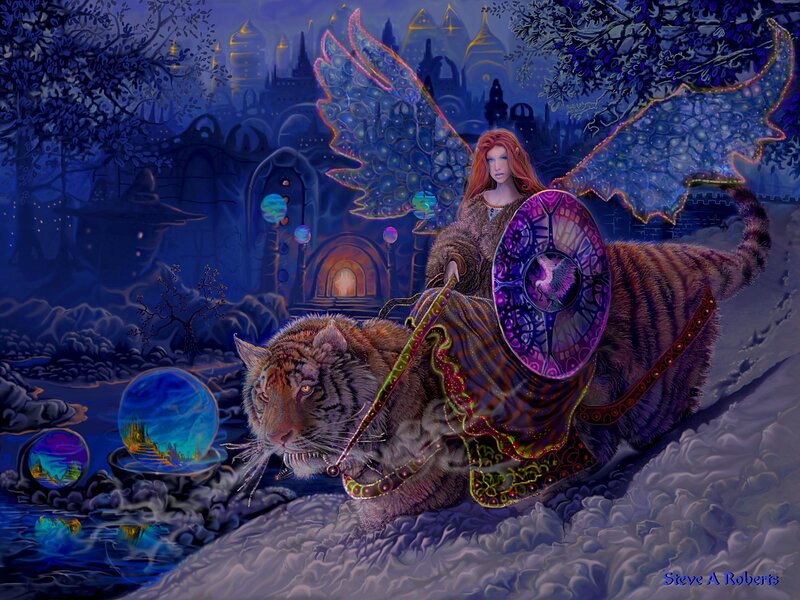 Woman Riding Tiger — Blue