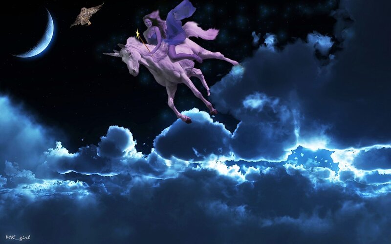 Woman Riding Unicorn — Blue, Fantasy