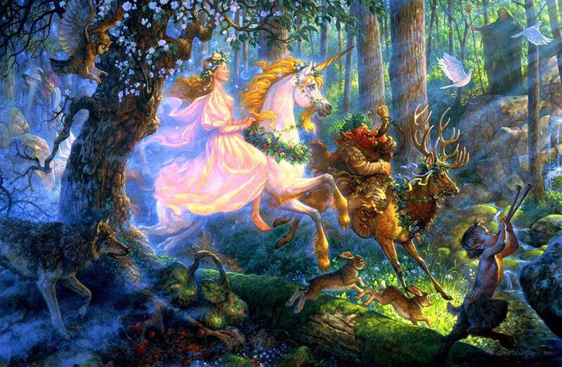 Woman Riding Unicorn — Green, Magical