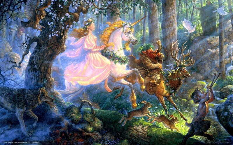 Woman Riding Unicorn — Green, Serene