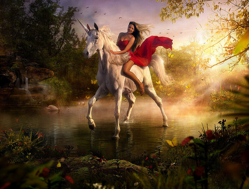 woman riding unicorn in forest
