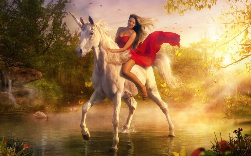 woman riding unicorn in forest