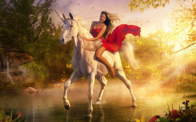 woman riding unicorn in forest
