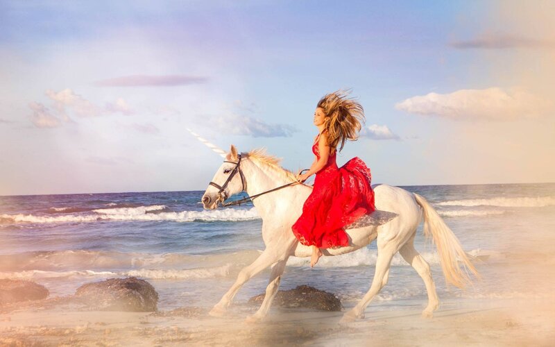 Woman Riding Unicorn — Red, Serene