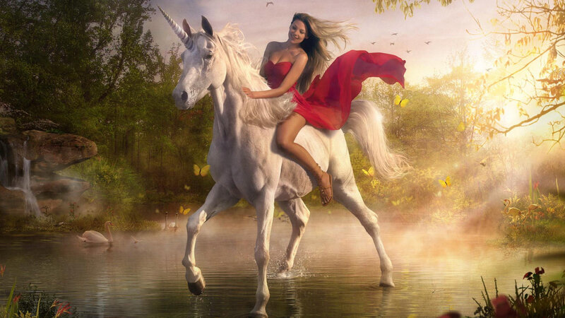 Woman Riding Unicorn — White, Serene