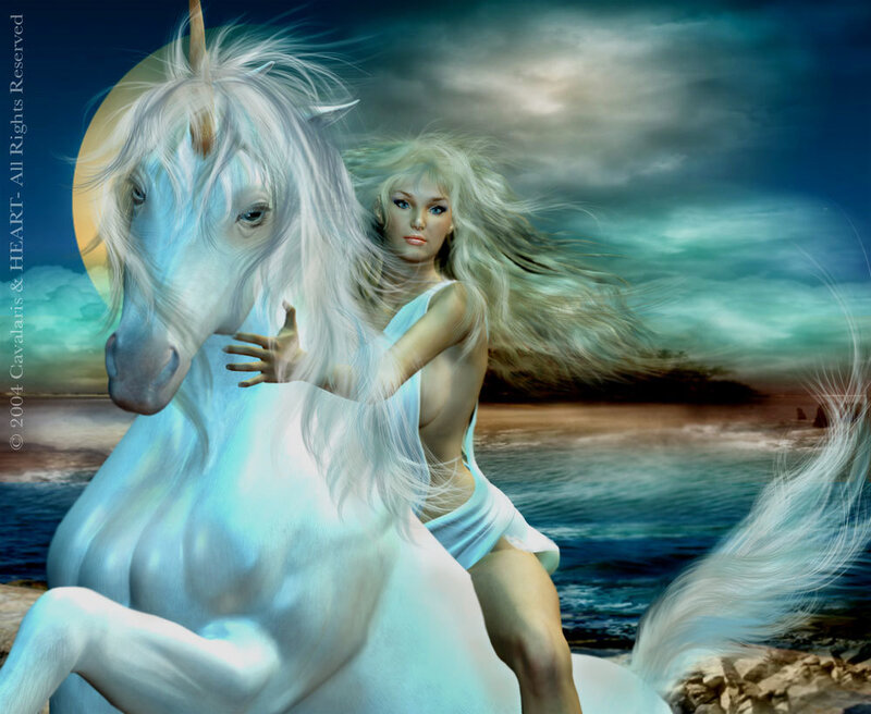 Woman Riding Unicorn — White