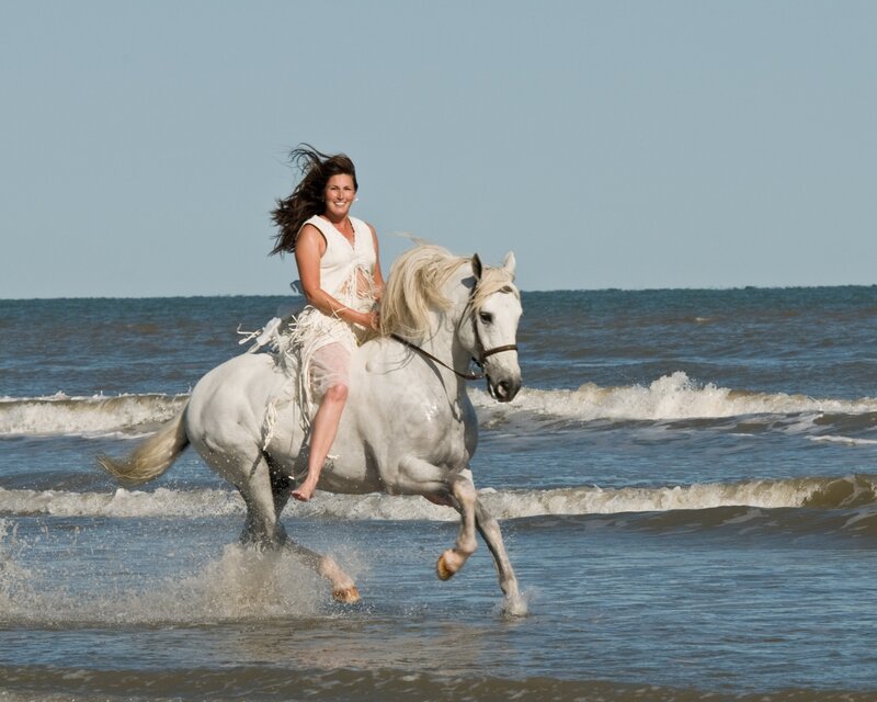 Woman Riding White Horse — Active, Afternoon, Photograph