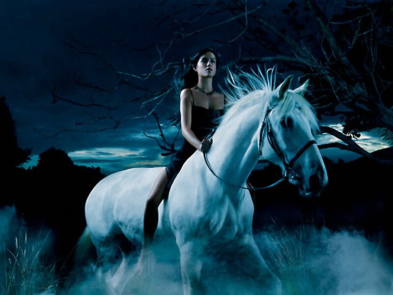 Woman Riding White Horse — Blue, Dramatic