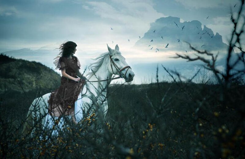Woman Riding White Horse — Blue