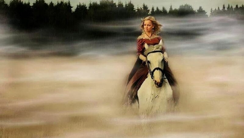 Woman Riding White Horse — Dramatic, Digital Art, Rain
