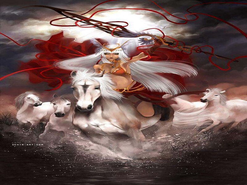 Woman Riding White Horse — Dramatic, Digital Art