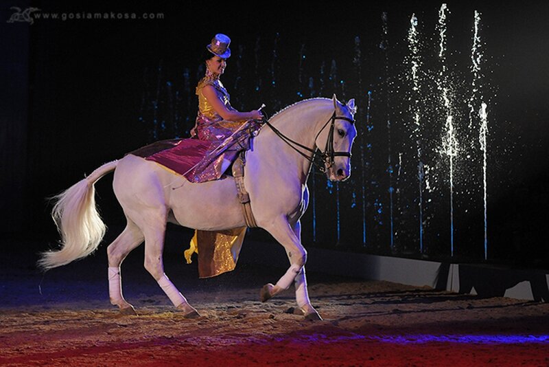 Woman Riding White Horse — Dramatic, Night