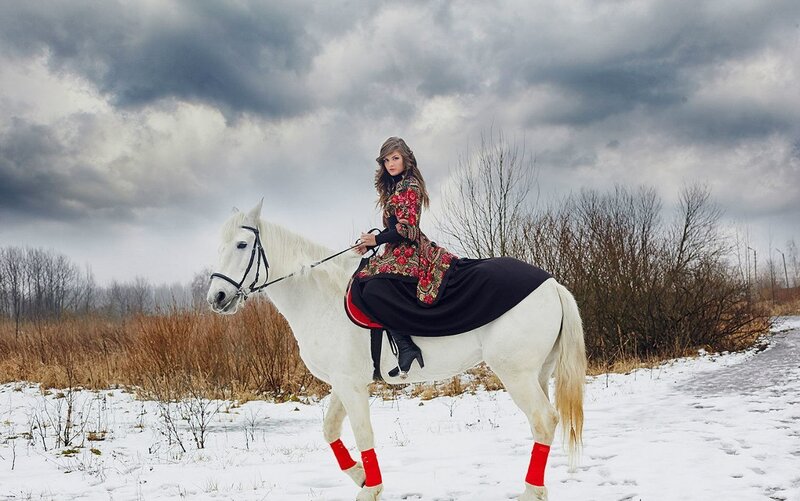 Woman Riding White Horse — Dramatic, Winter, Photograph, Snow, Clouds