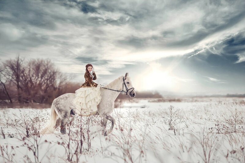 Woman Riding White Horse — Dramatic, Winter, Photograph, Snow
