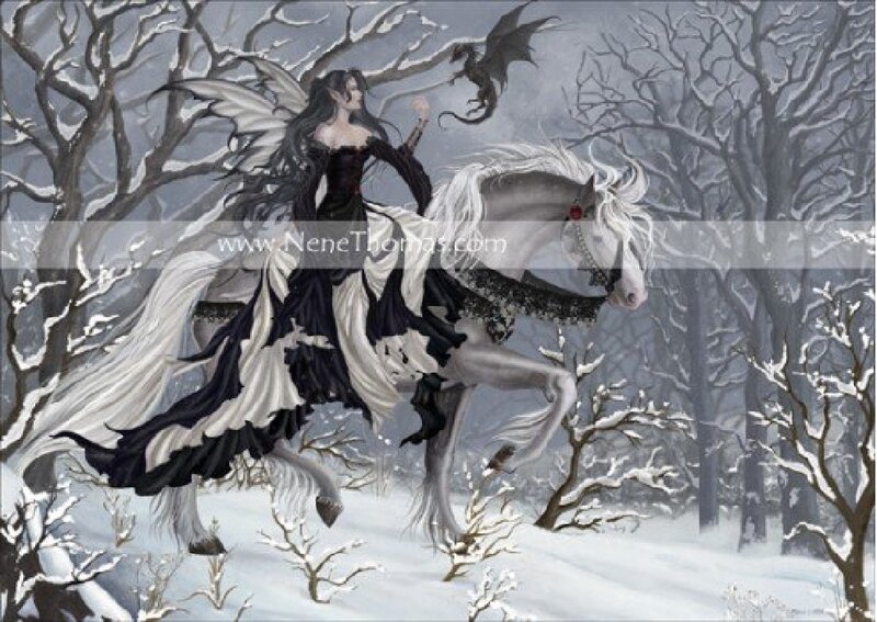 Woman Riding White Horse — Dramatic, Winter
