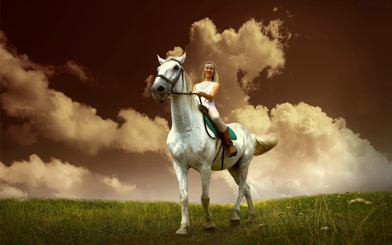 Woman Riding White Horse — Green