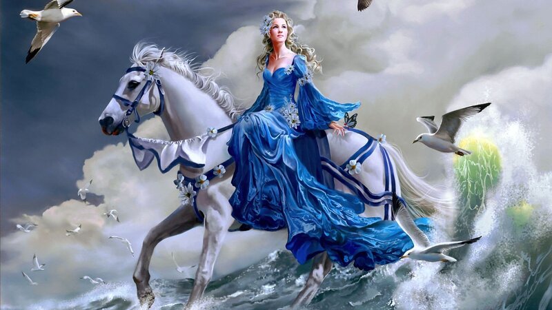 woman riding white horse on waves