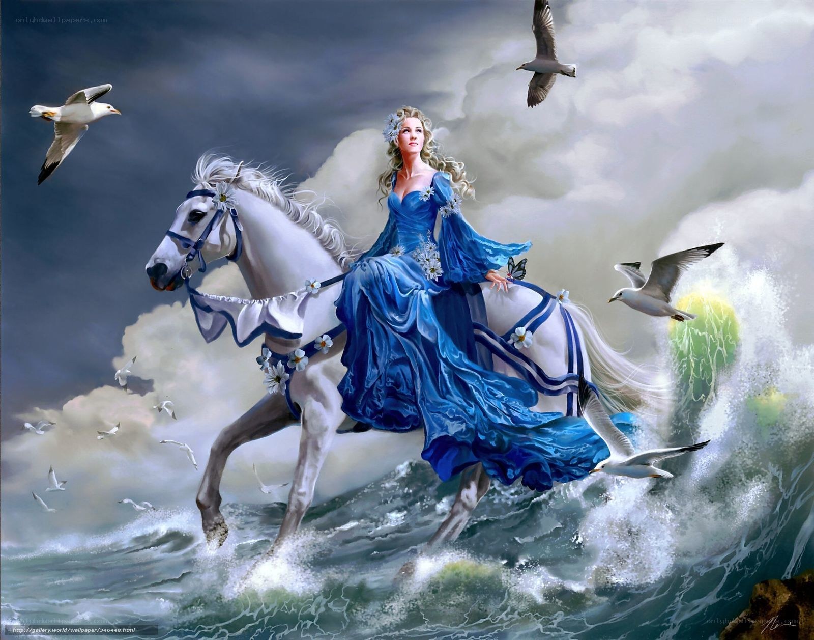 woman riding white horse on waves