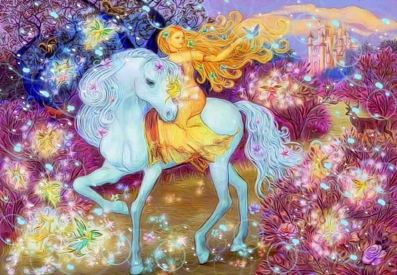 Woman Riding White Horse — Purple, Magical, Sunset