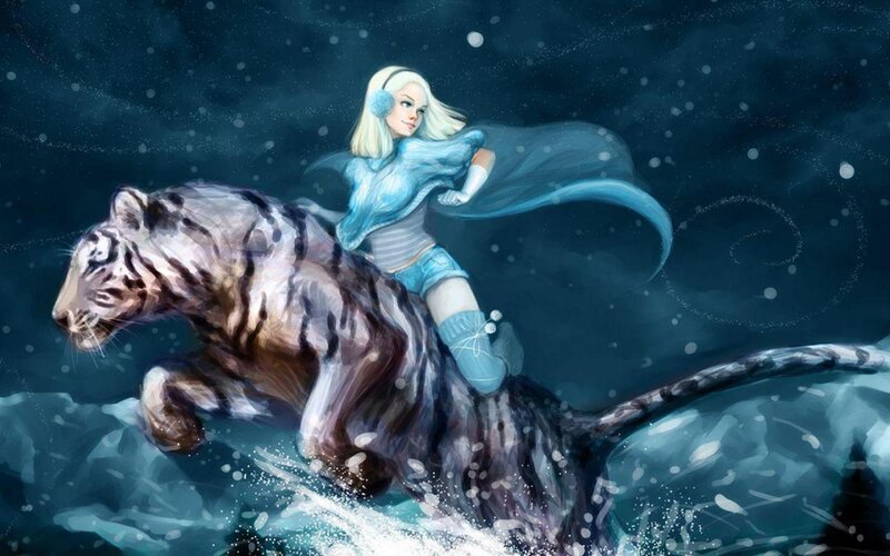 Woman Riding White Tiger — Blue, Dramatic, Winter, Digital Art