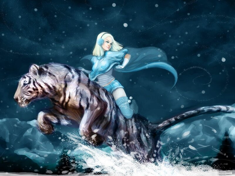 Woman Riding White Tiger — Blue, Dramatic, Winter
