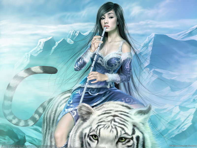 Woman Riding White Tiger — Blue