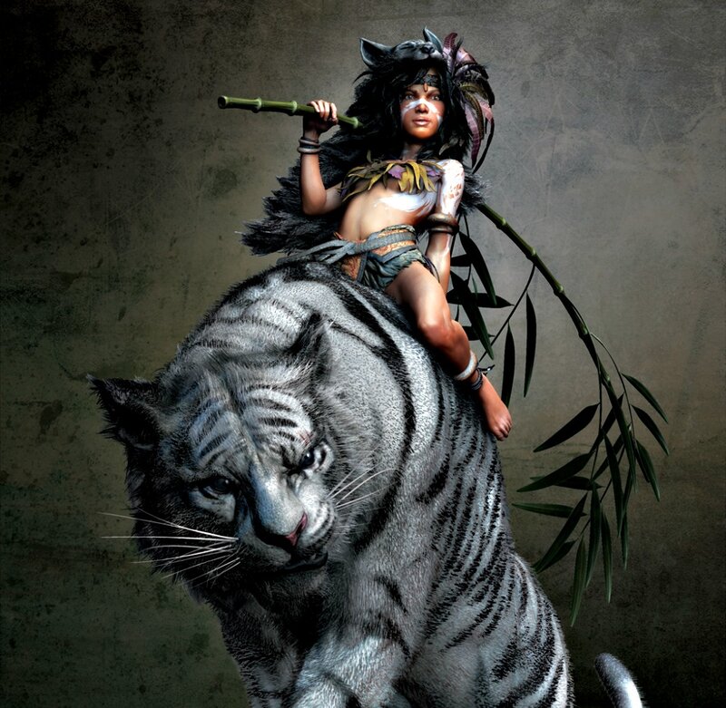 Woman Riding White Tiger — Gray