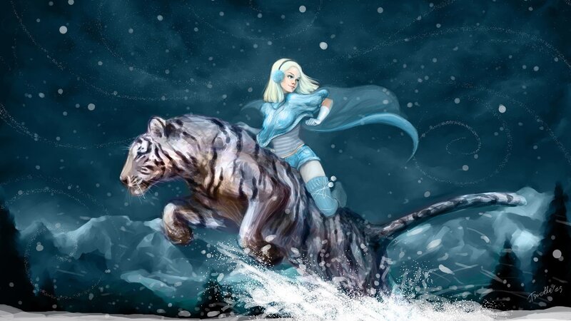 woman riding white tiger in snow