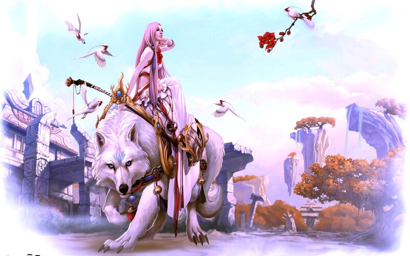 Woman Riding White Wolf