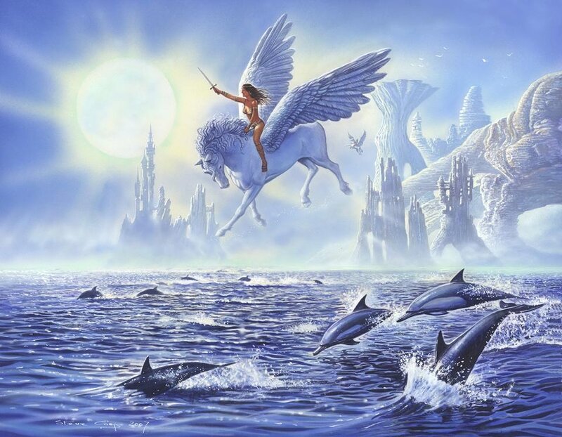 Woman Riding Winged Horse — Blue