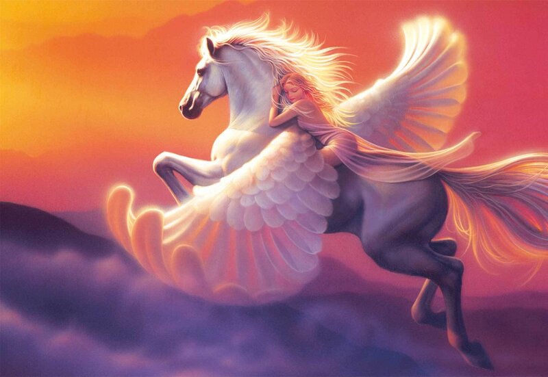 Woman Riding Winged Horse — Orange
