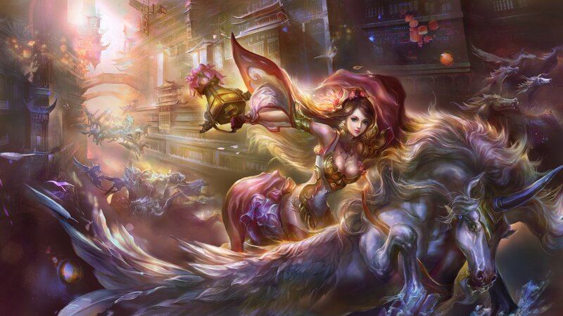 Woman Riding Winged Horse — Purple, Dramatic