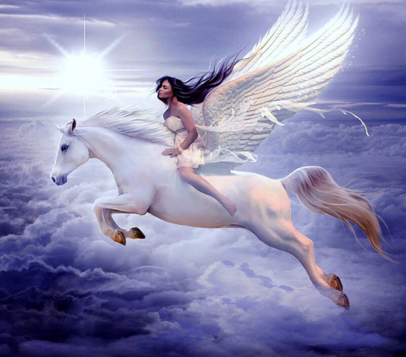 Woman Riding Winged Horse — White