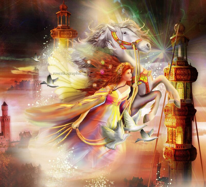 Woman Riding Winged Horse — Yellow