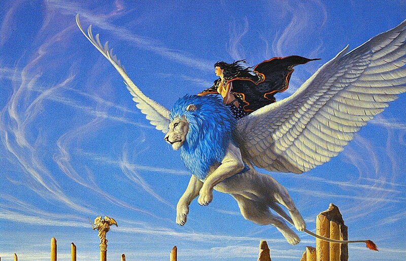 Woman Riding Winged Lion — Blue, Dramatic